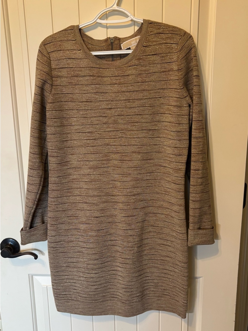 306. Michael Kors Metallic Taupe Striped Long Sleeve Shift Dress, Size M